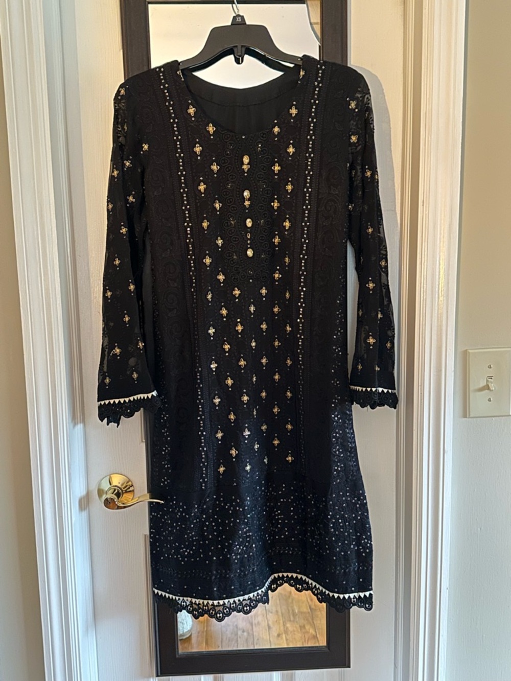 Black Embroidered Long-Sleeve Caftan Dress Tunic with Gold Accents